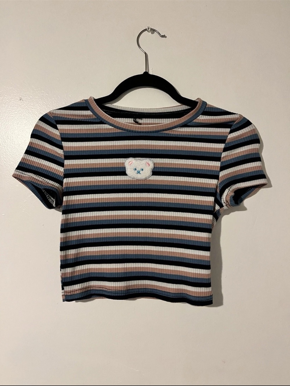 Striped Blue & Tan Ribbed Crop Top with Teddy Patch